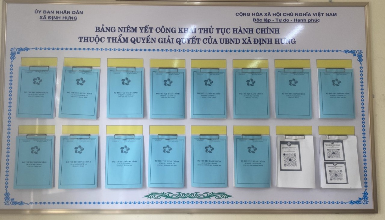 Xã Định Hưng Niêm yết công khai thủ tục hành chính tại công sở.